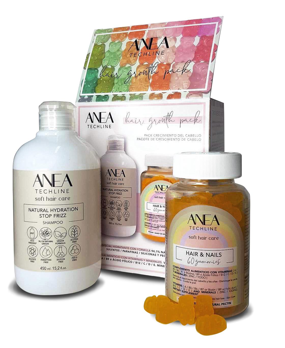 Pack de CHAMPÚ Y GOMINOLAS para Crecimiento del Cabello Hair Growth Pack Gummies ANEA TECHLINE