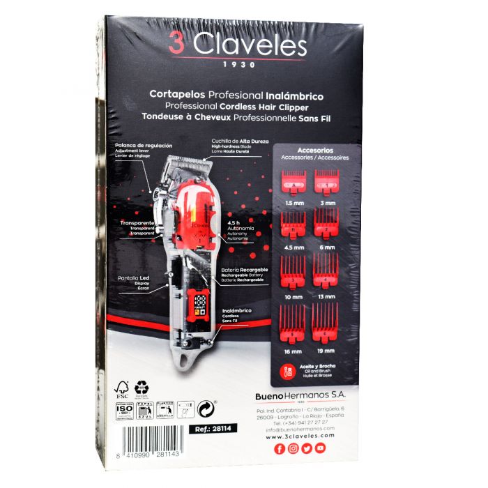 MÁQUINA CORTAPELOS PROFESIONAL CORDLESS INALÁMBRICA PANTALLA LCD CARCASA TRANSPARENTE 3 CLAVELES - Imagen 3